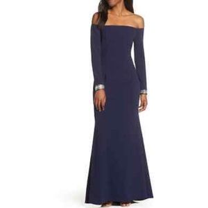 Vince Camuto Womens Dress Blue Size 4 Off Shoulder Bling Cuff Gown